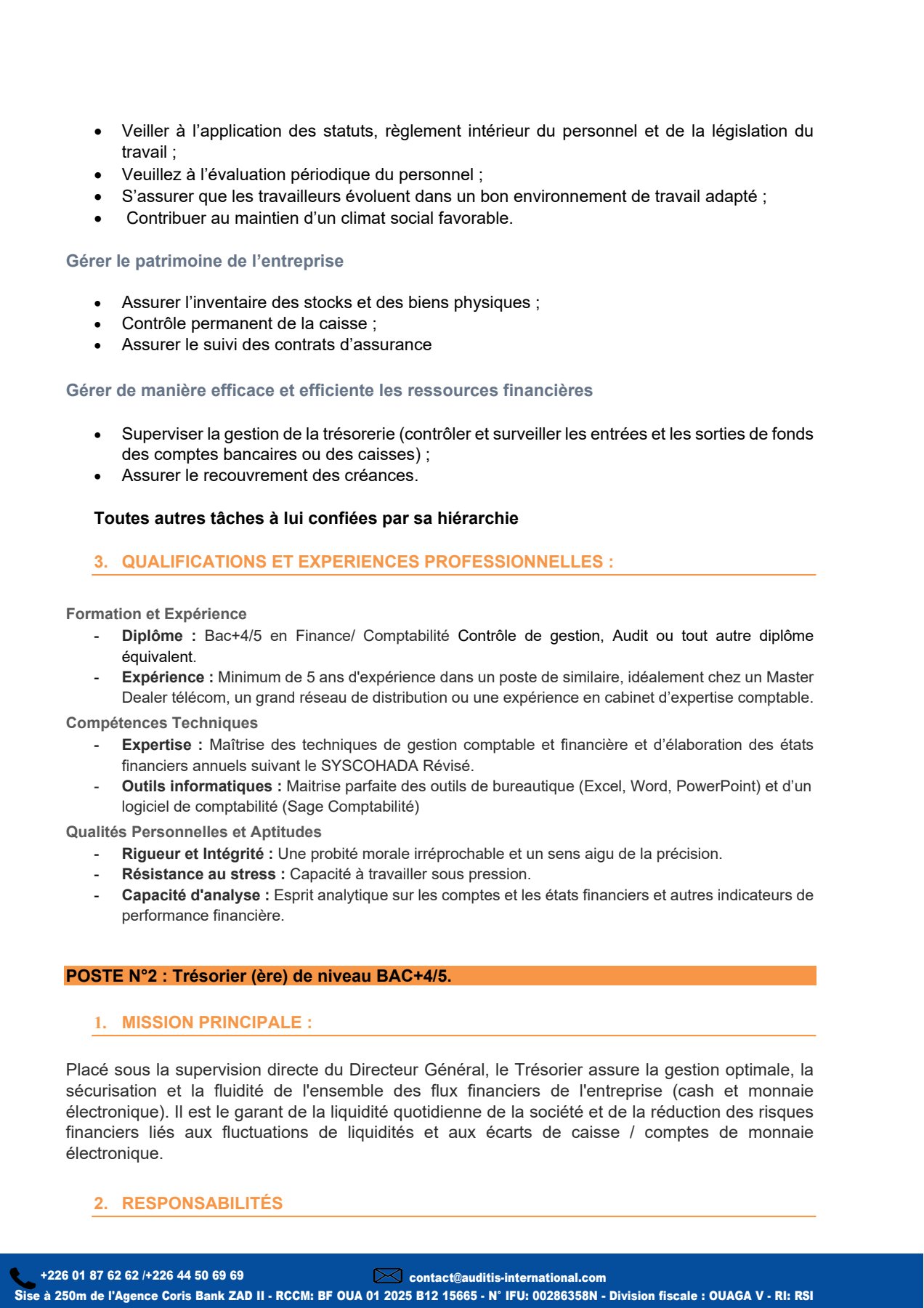 AVIS DE RECRUTEMENT D’UN (E) RESPONSABLE  ADMINISTRATIF ET FINANCIER ET D’UN (E) TRESORIER (ERE)
